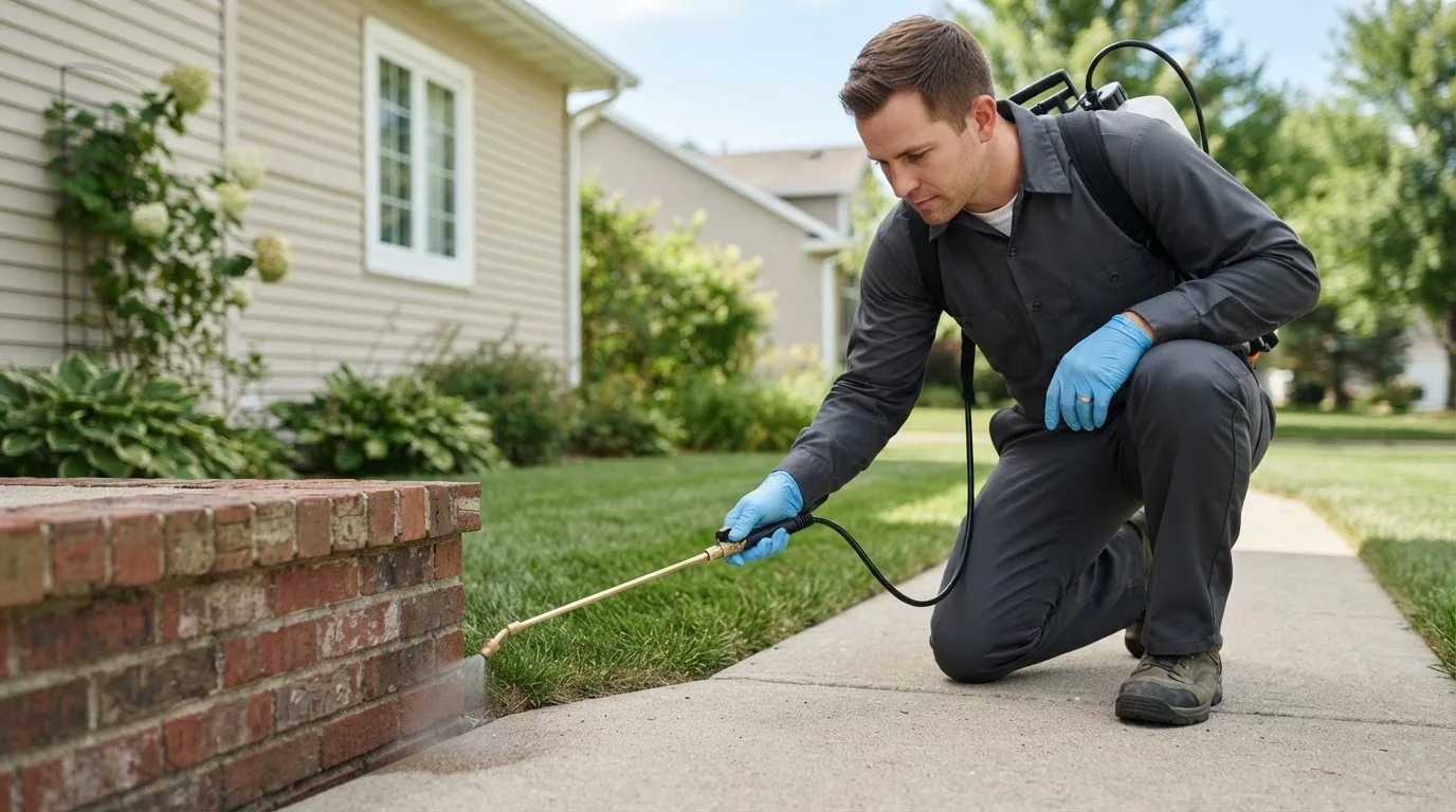 Pest control technician treating a home near Stinesville, IN