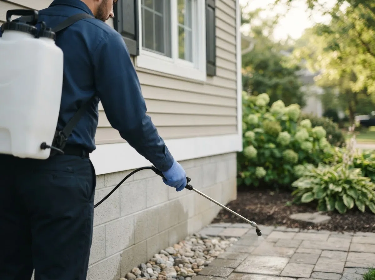 Pest control technician inspecting a home in Stinesville, IN